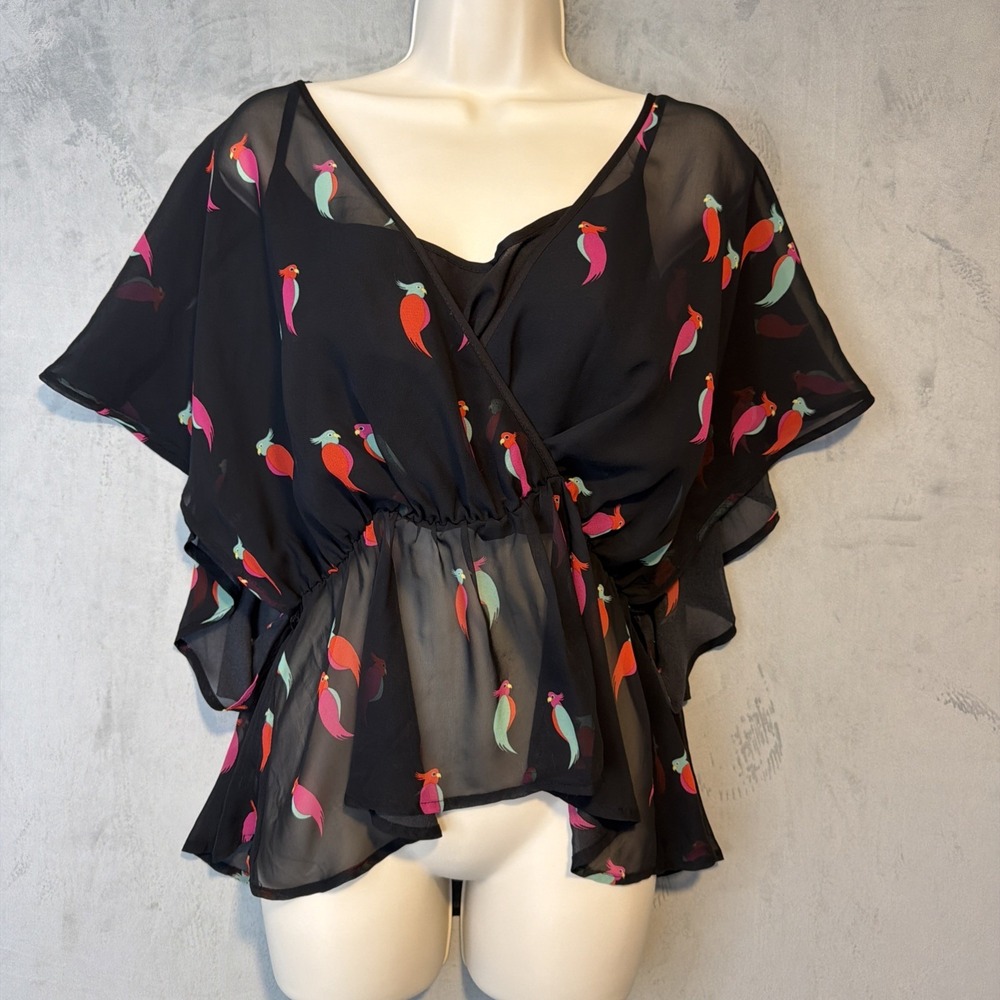 Daniel Rainn Sheer Peplum Blouse Women's M Black Bird Print Kimono Sleeve